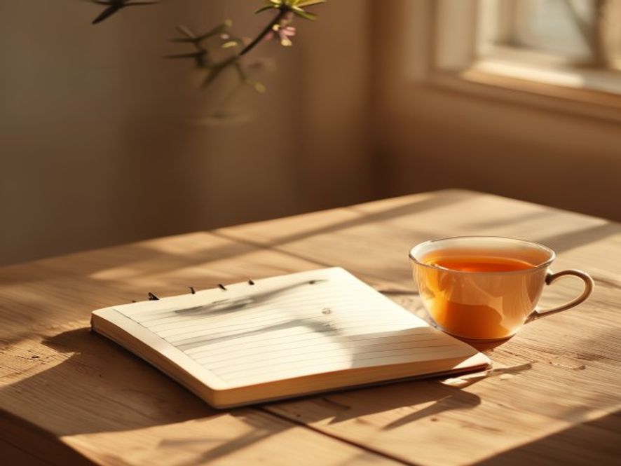 Organized daily planner with tea and notebook for routine design and tracking